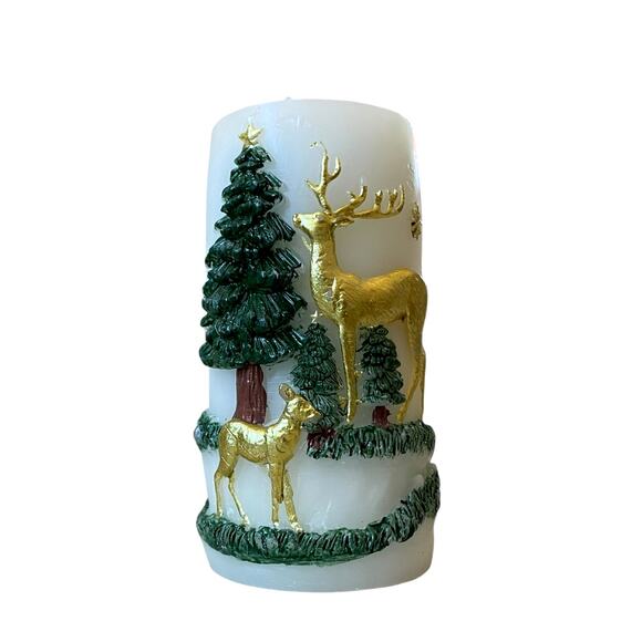 Christmas Pillar Candle Set of 2 Embossed Reindeer & Christmas Pine Trees 6" NEW - Picture 6 of 13